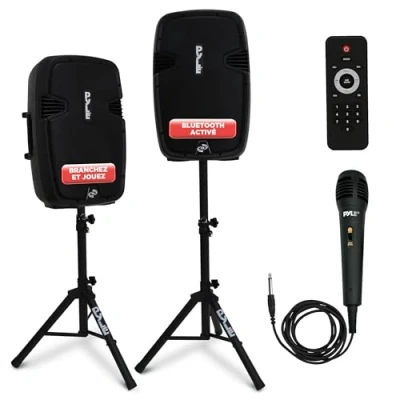 Image de Pyle Système de Haut Parleurs PA Portable sans Fil 1800 Watts, Bluetooth, Kit Actif &amp; Passif DJ, Subwoofer, AUX, Supports, Microphone, Télécommande