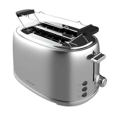 Image de Cecotec Toast&amp;Taste 1000 Retro Double Inox est un grille pain vertical avec 2 fentes larges et courtes de 3,8 cm en acier inoxydable. puissance 980 W, des barres supérieures, réglable