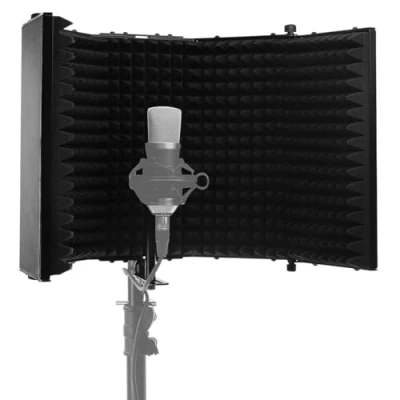 Image de Bouclier d&#039;isolation de microphone noir Plugger Reflexound Écran anti vent micro Filtre vocal 5 panneaux pliables en mousse acoustique. Compatible pied micro. S&#039;adapte à tous les micros.