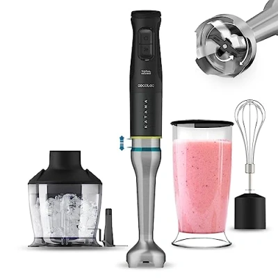 Image de Cecotec Katana TotalDestroy 1500XL DoubleKatanas Creme Hand Blender, 1500 W. lames doubles, 21 vitesses et Turbo, 4 en titane noir, pied extra long, kit d&#039;accessoires.