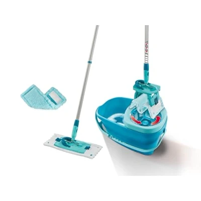 Image de Leifheit Set Clean Twist M Ergo avec housses micro duo &amp; static plus, lave sol molleton, seau essoreur, balai à plat essorage facile, serpillère manche télescopique, kit de lavage tous sols