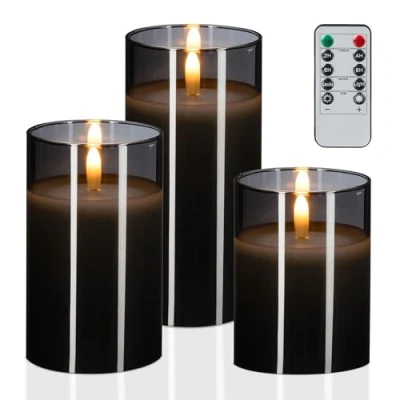 Image de Relaxdays Bougies LED en verre 3 unités télécommande minuterie cire véritable lanternes sans flamme gris