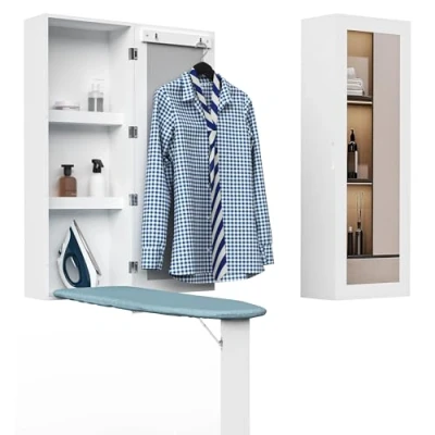 Image de Organizedlife Planche à Repasser, Table Repasser Compacte Intégrée, Armoire de Rangement Murale avec Miroir, Pied Support Pliable, Gain Place pour Maison &amp; Appartement, 95x35.5x17.5CM