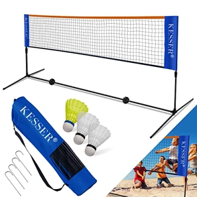 Image de KESSER® Filet de Badminton, Tennis 500 cm Badminton réglable en Hauteur sur 3 Niveaux, Set Comprenant Un Filet, 3X Volants Support Stable Fer, Bleu