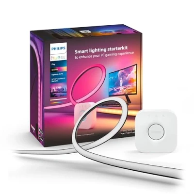Image de Philips Hue White and Color, Kit démarrage Lightstrip Play gradient PC pour écran 3x 24 27 pouces + Pont, synchronisation de la lumière avec le jeu, fonctionne Alexa, Google et Apple