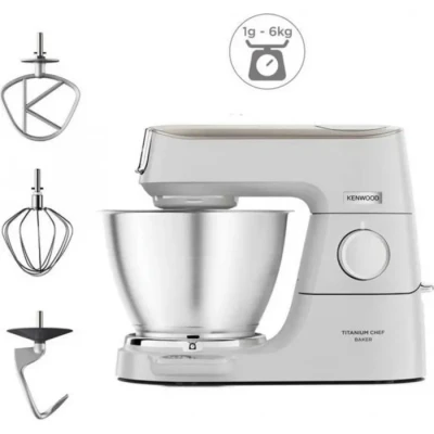 Image de Kenwood Titanium Chef Baker KVC65.001WH, Robot Patissier Avec Balance Intégrée, Incl. Ensemble Pâtisserie 3 Pièces, Spatule &amp; Protection Éclaboussures, 1200W, Blanc