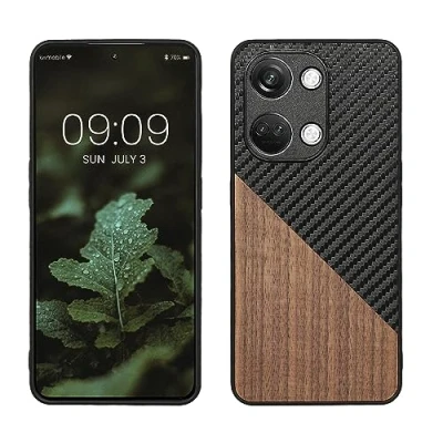 Image de kwmobile Coque Compatible avec OnePlus Nord 3 5G Housse en Bois et Fibre Carbone Brun foncé Noir