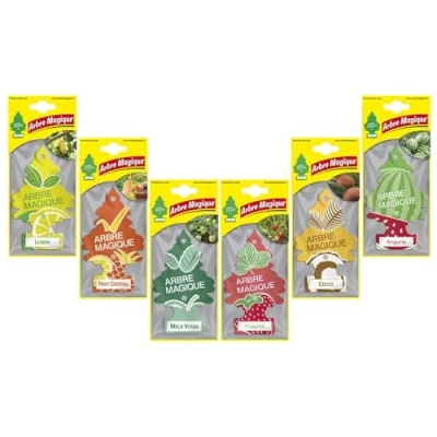 Image de Arbre Magique Mono, Désodorisant Voiture, Parfum Intense et Structuré, Made in Italy, Coffret de 6 Pièces Assorties avec Fraise, Noix Coco, Cocktail Fruits, Citron, Pomme Verte Pastèque