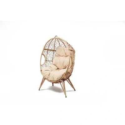 Image de CONCEPT USINE Fauteuil Oeuf sur Pieds Beige en Résine Aspect Rotin Design Jane Structure Acier Coussin déperlant Hamac Balançoire Pied terrasse Jardin Balcon Résiste à l&#039;eau