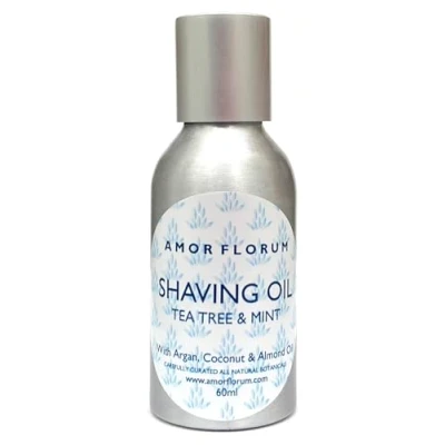 Image de 100% Naturel HUILE de Rasage MENTHE &amp; ARBRE DU THE 60ml par AMOR FLORUM BLU. Pour un Confortable, Laisse votre Peau sans Irritation et Hydratée. Avec Huiles Coco, Argan, Amande.