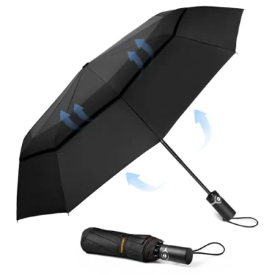 Image de TECKNET Parapluie Pliant Coupe vent, de Voyage Automatique, Grand Résistant au Vent avec 10 Baleines, Golf Solide et Léger, Compact, Rouge Noir
