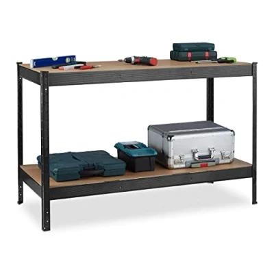 Image de Relaxdays Banc de Travail, 600 kg, Atelier, HxLxP: 91x141x61 cm, 2 Niveaux réglables, Rangement Acier &amp; MDF, Noir