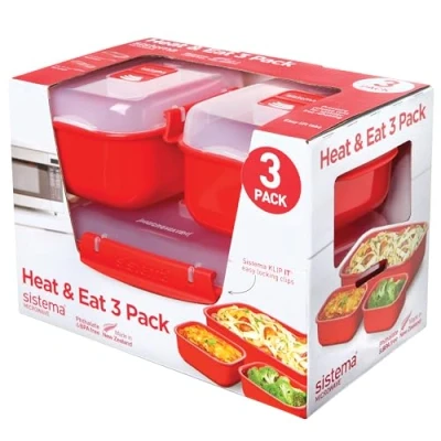 Image de Sistema Heat &amp; Eat Récipients micro ondes Boîtes à repas empilables avec couvercles étanches fermeture par clip Rouge/Transparent Lot de 3