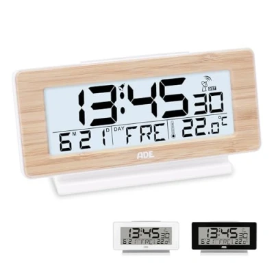 Image de ADE Horloge numérique Digitale de Table reveil Radio piloté avec Affichage température et Calendrier éclairage Design Moderne thermomètre LCD Bois
