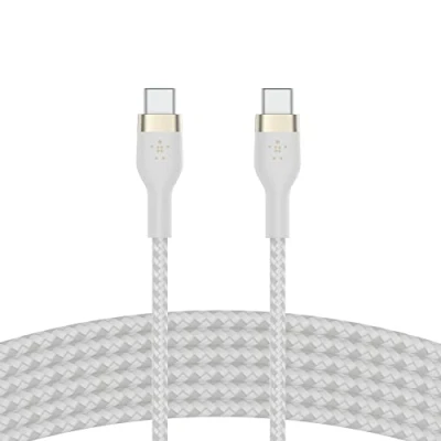 Image de Belkin BoostCharge Pro Flex câble à gaine tressée USB C vers C, Certifié IF, recharge Power Delivery, pour iPhone 15, MacBook Pro, iPad Galaxy S24, S23, Pixel, etc, 3 m, blanc