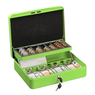 Image de Relaxdays Caisse à Monnaie, verrouillable, monnayeur &amp; 4 Compartiments Billets, Fer, HLP 8,5 x 30,5 24,5 cm, Vert