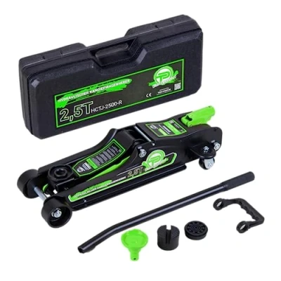 Image de Cric hydraulique 2,5 tonnes Modèle Plat 80 mm 360 Profil Bas avec Coffret, Adaptateur SUV, 2 Patins en Caoutchouc pour Voiture roulettes à Vert