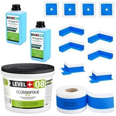 Image de kit d&#039;étanchéité SET321 12 kg de film liquide, 4 coins intérieurs, 2 extérieurs, manchettes murales, bande 20 m, fond profondeur l, pour douche et salle