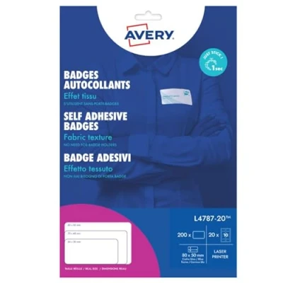 Image de AVERY 200 Badges Adhésifs pour Textile en Soie d&#039;Acétate Blanche Format 63,5 x 29,6 mm Impression Laser L4787 20