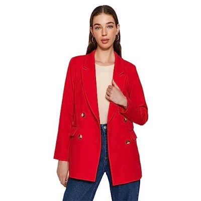 Image de TRENDYOL Damen Gerade Lange Ärmel Übergröße Blazerjacke Blazer, Rouge foncé, 40 Femmes