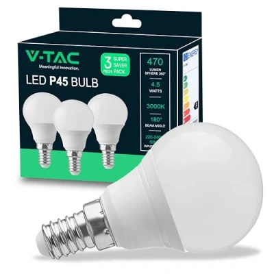 Image de V TAC 3x Ampoule LED culot E14 4,5W (équivalent 40W) P45 470 Lumen 3000K Blanc Chaud Ouverture du faisceau lumineux 180 Efficacité Maximale et Économie d&#039;Énergie (Lot de 3), VT 2156