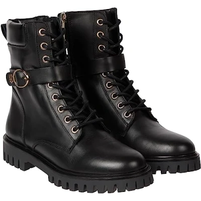 Image de Tommy Hilfiger Buckle LACE UP BOOT Bottines à lacets, Femme, Taille: 38, Black Cuir
