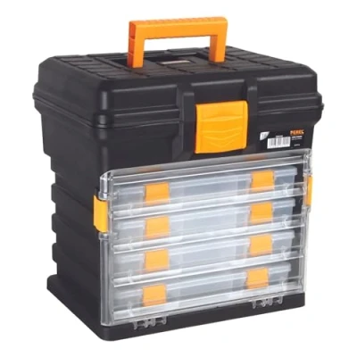 Image de Perel Coffret de rangement multifonctionnel, polypropylène, 5 pcs, portable, avec 4 boîtes amovibles pour accessoires, noir/jaune, 340 x 272 341 mm