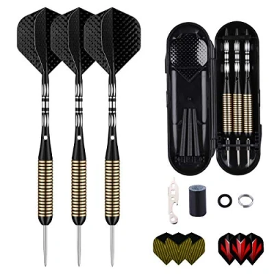 Image de sanfeng Fléchette, Fléchettes Pointe Acier 27g, Professionnelles avec Noir Tiges en Aluminium 9 Ailes 50 Anneaux Caoutchouc Anti lâche, 1 Sharpener Tool, 12 Spring Rings