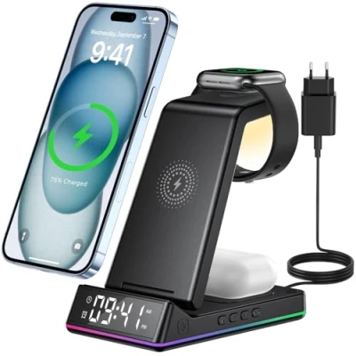 Image de ETELIAR Chargeur Induction iPhone 5 en 1, avec veilleuse d&#039;horloge sans Fil 15W Station de Charge Apple for 16/15/14/13/12/Pro/Max/Plus,iWatch 8/7/6/SE/5/4/2, Airpods 2/3/pro
