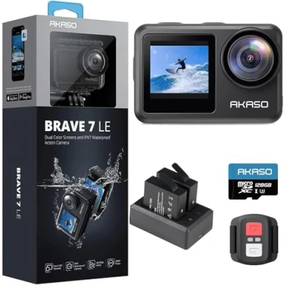 Image de AKASO Brave 7 Le Caméra Sport avec Carte Mémoire U3 de 128 Go, Action Cam 30FPS 20MP WiFi, Plongée 40M Écran Tactile IPX7, Camera 4k Stabilisateur EIS 2.0 Double