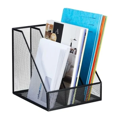 Image de Relaxdays Range revues, 3 Compartiments, Format A4, Design Maille, HLP 26x24x26 cm, Bureau/télétravail, métal, Noir