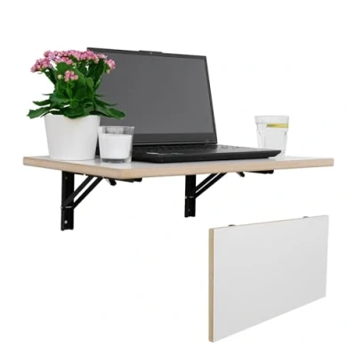 Image de CAWI table murale pliante stable en bois massif : de cuisine pliable peu encombrante et bureau flottant, MDF laminé