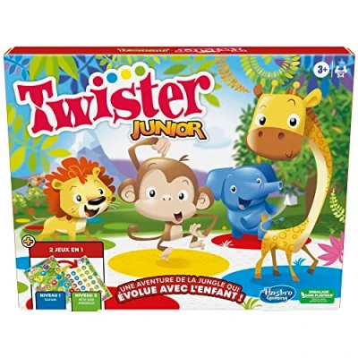 Image de Jeu Twister Junior, Tapis réversible Aventure de la Jungle, 2 Jeux en 1, Groupe d&#039;intérieur pour à 4 Joueurs
