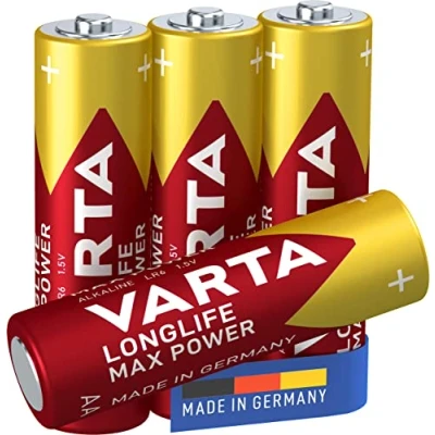 Image de VARTA Piles AA, lot de 4, Longlife Max Power, Alcalines, 1,5V, adaptées aux appareils photo numériques, contrôleurs, tensiomètres, Made in Germany