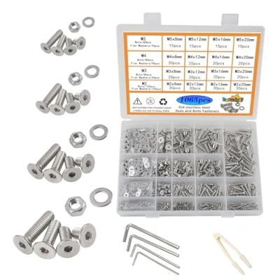 Image de huruirui M2 M3 M4 M5 Dadi e Bulloni Rondelle Set Assortito, 1065pcs Hex Socket Cap Vite 304 in acciaio inossidabile Kit, Filettatrice Bolt Fastener Repair Tools Assortiment Kit