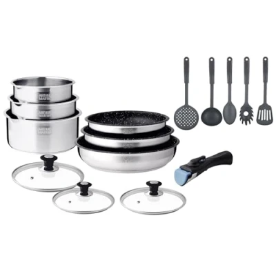 Image de Arthur Martin, Batterie de Cuisine, 15 pcs avec casseroles 16 18 20 cm poêle 22 26 anti adhérent couvercles 5 ustensiles poignée, Set Tous Feux