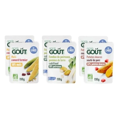 Image de GOOD GOÛT Lot de 6 Plats Cuisinés Pour Bébé 2xMaïs Canard Fermier + 2xFondue Poireaux et Pommes terre Cabillaud 2xPatates douces Sauté Porc Fabriqué En France Sachets Micro Ondables