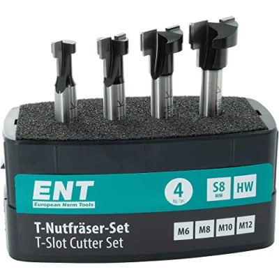 Image de ENT 09046 Jeu de 4 fraises pour rainures en T M6, M8, M10 et M12, tige 8 mm, métal dur, vis à tête hexagonale avec filetage métrique