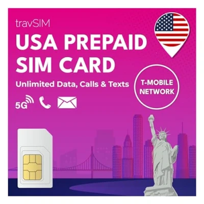 Image de travSIM Carte SIM USA Réseau T Mobile Données, appels et textes illimités aux Fonctionne sur Les appareils iOS Android Prépayée 10 Jours