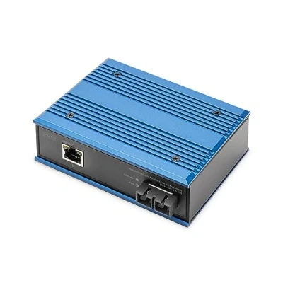Image de DIGITUS convertisseur de média Gigabit industriel 1x RJ45, SC Duplex 850nm multimode double fibre 0,5 km portée 10/100/1000 Mbps montage sur rail DIN noir/bleu