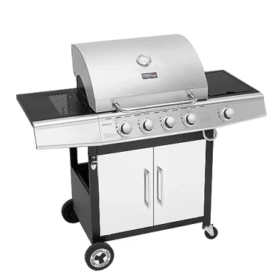 Image de Royal Gourmet Barbecue Gaz à 4+1 Brûleurs en Acier Inoxydable, Gril de Puissance 14,5kW avec Tablettes et Thermomètre, 2 Roues Directionnelles, Portes, Adapté pour Jardin Extérieure, Argent
