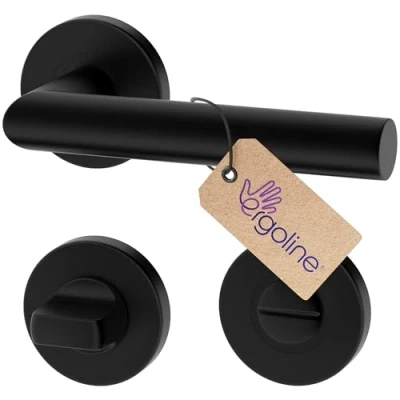 Image de ERGO line LUCA poignée de porte d&#039;intérieur, noire, pour les portes salle bains, paire poignées sur rosaces rondes, noire mate, garnitures porte,