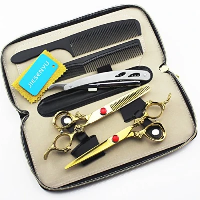 Image de JIESENYU Tondeuse à cheveux japonaise 440C avec manche en lion doré de 6 pouces Ciseaux couper et effiler pour coiffeur