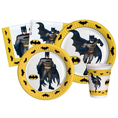 Image de Ciao Kit Table Fête Party Batman 24 personnes (112 pcs: assiettes, gobelets, serviettes) en papier compostable Vaisselle, AZ022, Multicolor