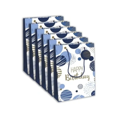 Image de Eurowrap 32487 2Cpack Un lot de 6 sacs cadeaux Excellia Format large 26,5x14x33 cm 210g Motif : Anniversaire bleu Emballage Cadeaux, Idéal pour Jeux Société, Puzzles