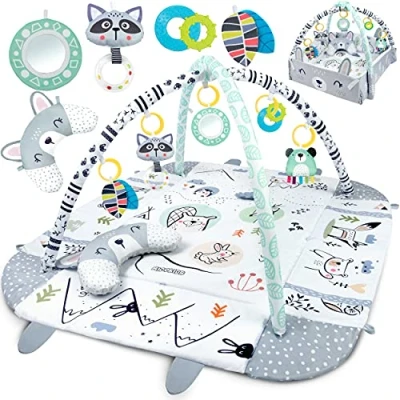 Image de Ricokids Arche de Jeu pour bébé avec Jeu, Tapis d&#039;éveil, d&#039;expérience, Fonction Parc, Coussin, dès Les premières semaines Vie, 110 x 100 cm, Lapins