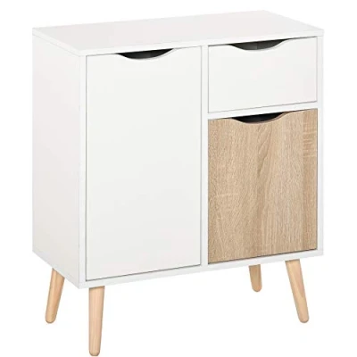 Image de HOMCOM Buffet Meuble de Rangement Design scandinave 2 placards tiroir Coulissant Bois Blanc chêne Clair