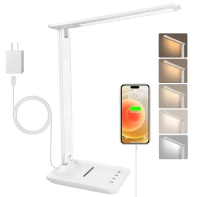 Image de joyshie Lampe de Bureau LED avec Adaptateur, Pliable Chevet Dimmable 5 Modes Couleur et Niveaux Luminosité, Port Charge USB, Pour Lecture Travail (Blanc Adaptateur)