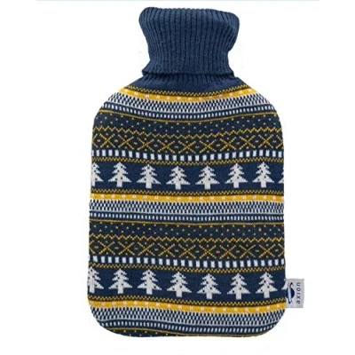 Image de bouillotte avec housse tricotée axion Bleu foncé et motif de pin En caoutchouc naturel pour thermothérapie Idée cadeau bien s’endormir, graine lin