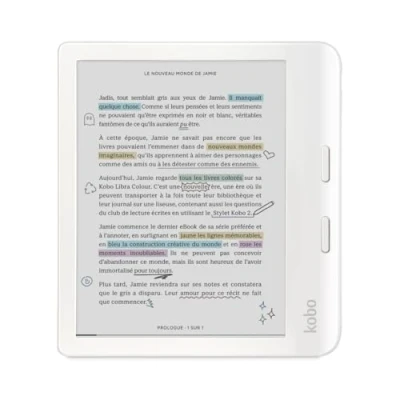 Image de Kobo Libra Colour White Liseuse eBook Couleur Écran E Ink Kaleido™ 3 sans Reflets de 7&quot; Option Mode Sombre Étanche Livres Audio 32 Go Stockage Blanc